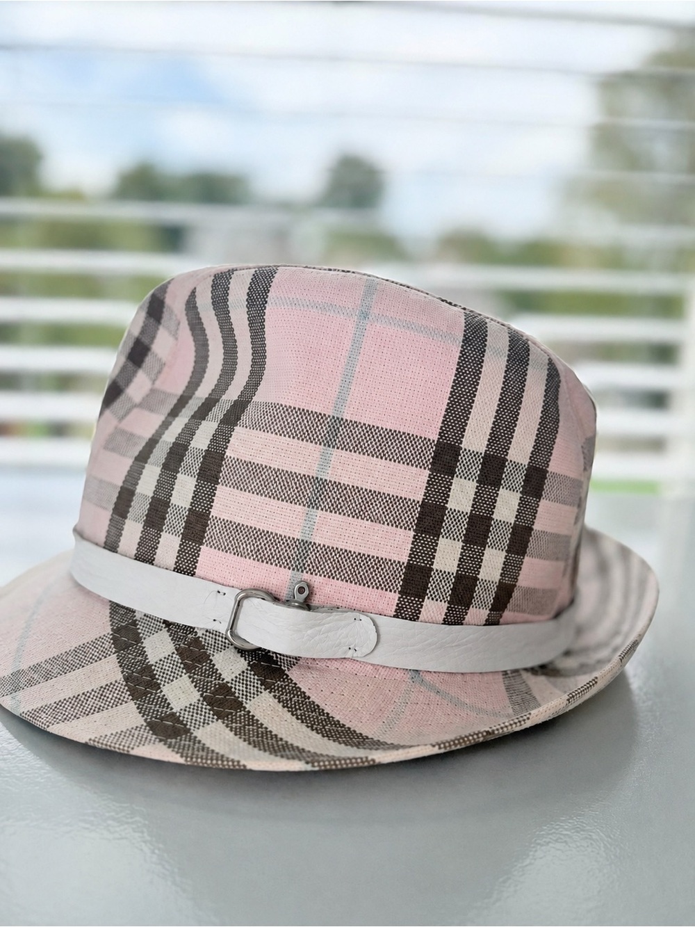 Burberry Plaid Fedora Hat in Pink Taupe, Brown and Cream